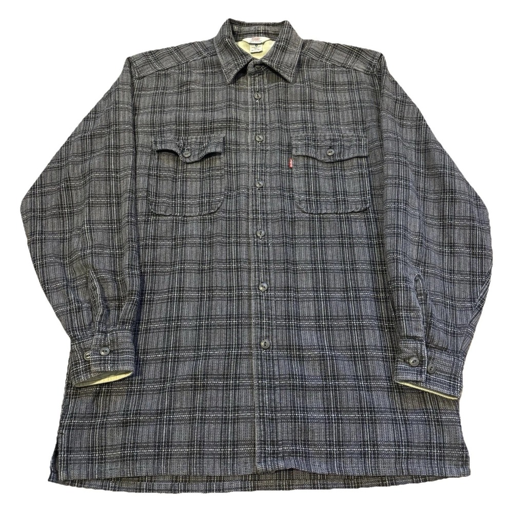 Vintage Levis Shirt Jacket Men's Small Grey Black Plaid Flannel Shacket Oversize
